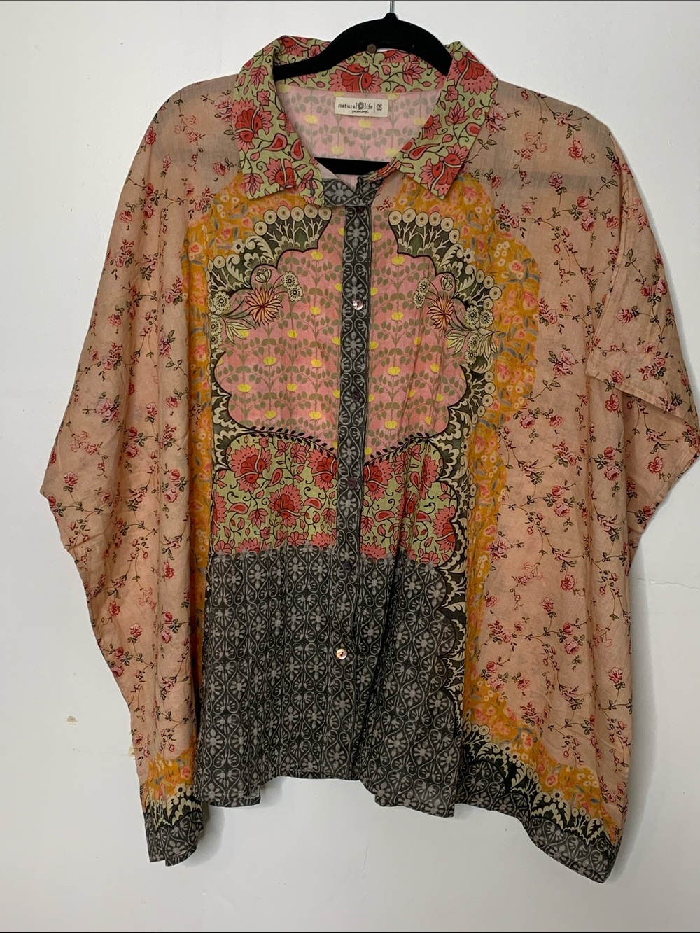 NATURAL LIFE Pink Patchwork Floral Cotton Button-Down Top one size - Picture 2 of 9